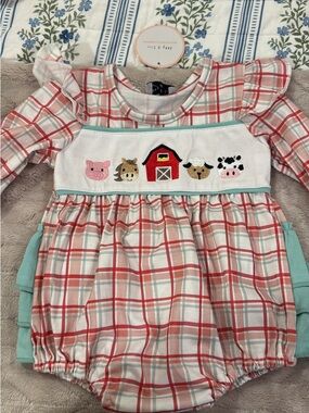 Farm Animal Plaid Baby One-Piece Bodysuit in Red & Cream
